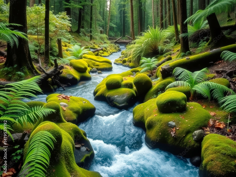 A river with moss growing on the rocks and a green forest in the background. The water is clear and the moss is green