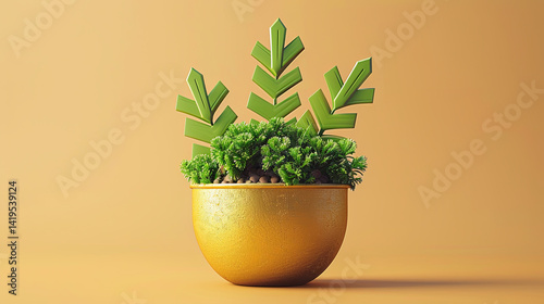 3D Cartoon Green Plant with Arrow-Shaped Leaves Growing in Pot of Gold – Financial Growth Symbo