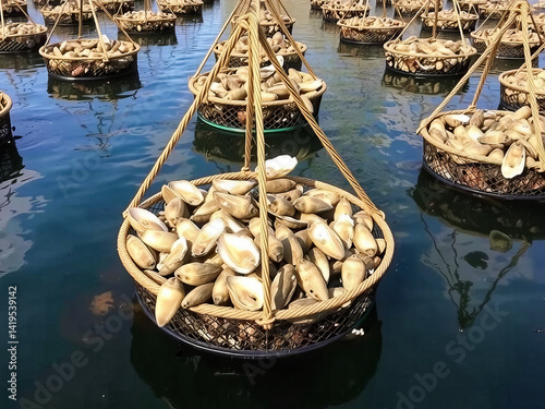 A bunch of baskets filled with oysters are floating in the water. The baskets are tied to a rope and are floating on the surface of the water