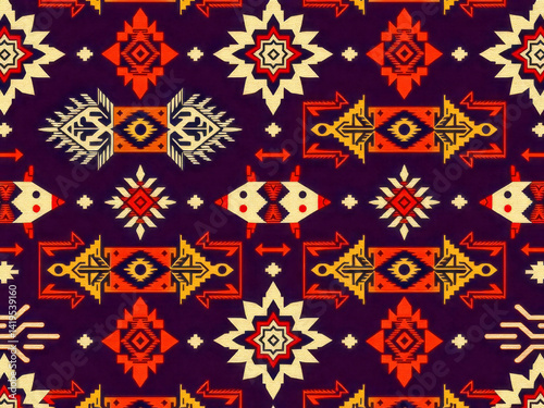 Obraz na płótnie A colorful patterned fabric with a lot of reds and oranges. The pattern is very intricate and has a lot of detail w salonie