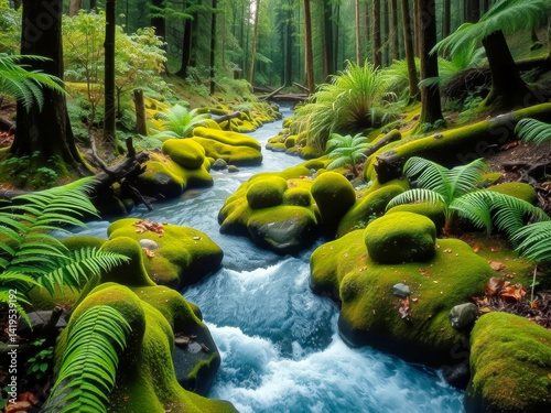 Obraz na płótnie A river with moss growing on the rocks and a green forest in the background. The water is clear and the moss is green w salonie