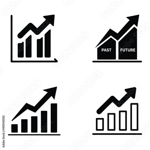 Set of Four Black Upward Trending Bar Graph Icons
