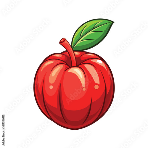 Vibrant red fruit with a green leaf