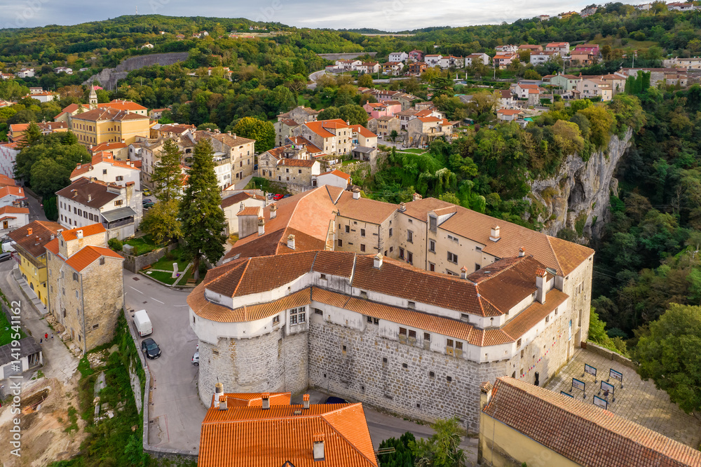 Aerial view of the historical Pazin Castle, Croatia.