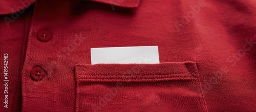 Crimson shirt with blank white card peeking from the chest pocket focus shot
