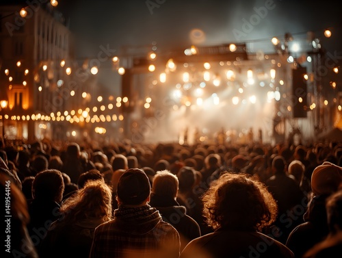 A large crowd enjoys a vibrant outdoor music concert at night under warm st lights illuminating the stage.