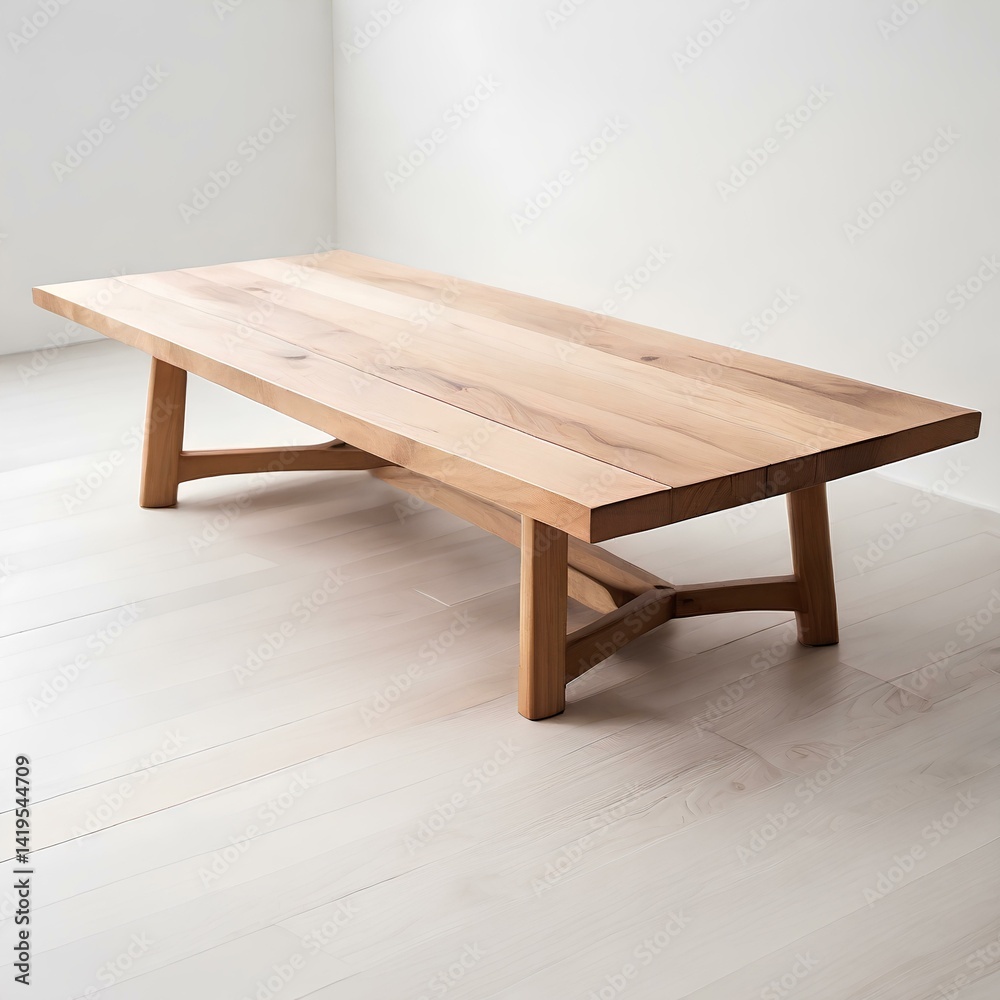 Fototapeta premium Neat wooden table, white tone background, light studio feel