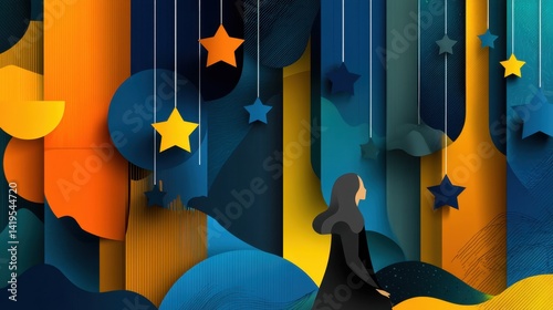 Abstract Paper Art of a Woman Sitting among Hanging Stars and Colorful Shapes in Creative Scene