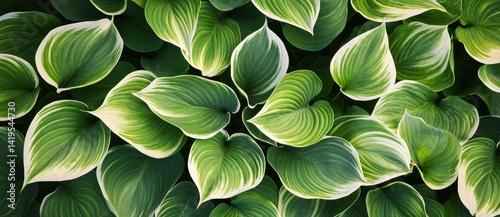 The concept of gardening is represented by a creative banner featuring a hosta plant with green leaves against a natural green background, ideal for a shady garden with copyspace