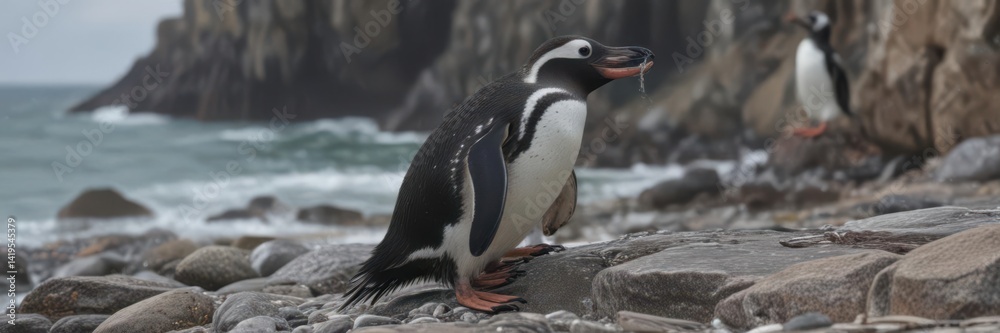Naklejka premium Humboldt penguin preening feathers on rocky coast , animal photography, wildlife