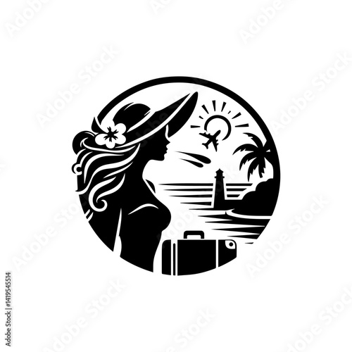 Woman backpacker silhouette vector in minimalist outdoor adventure logo design 