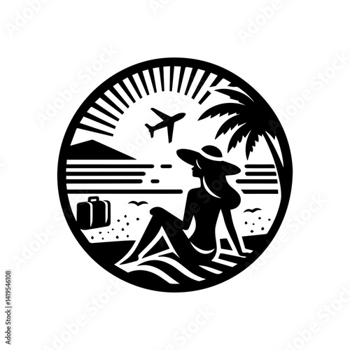 Vector silhouette of woman backpacker in minimalist logo style for outdoor adventures