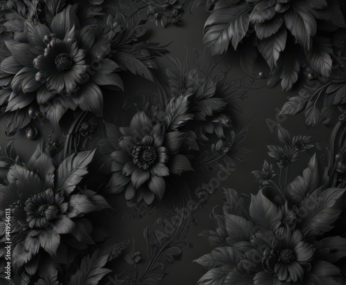 Intricate black charcoal floral wallpaper  Luxurious elegant design , charcoal, home, shadow