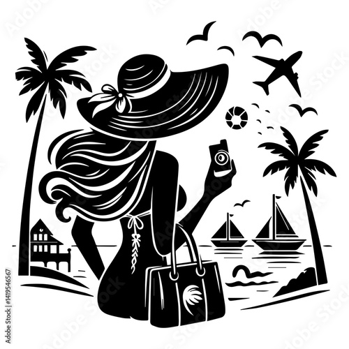 Minimalist vector logo of female backpacker silhouette for hiking and outdoor lifestyle
