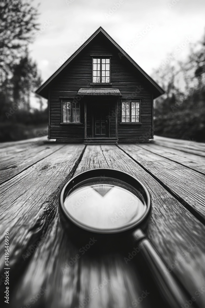 Black Wooden House with Magnifying Glass on Wooden Table