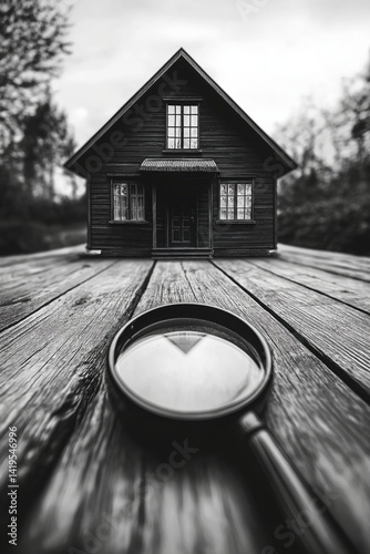 Obraz na płótnie Black Wooden House with Magnifying Glass on Wooden Table w salonie