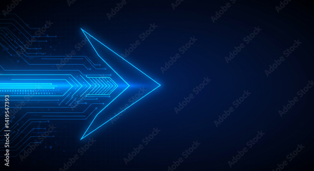 A futuristic glowing blue arrow pointing right with circuit board patterns on a dark blue background A futuristic glowing blue arrow pointing right with circuit board patterns on a dark blue background