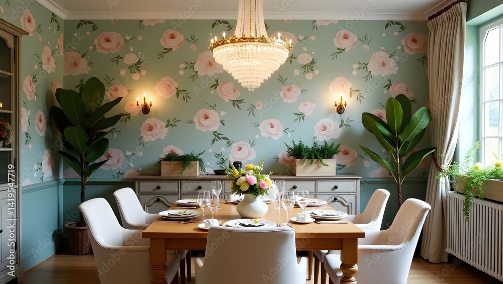 Garden-inspired dining space with floral wallpaper and greenery.