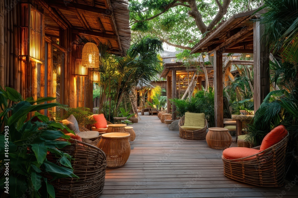 Serene Outdoor Resting Area with Bamboo House and Natural Elements Serene Outdoor Resting Area with Bamboo House and Natural Elements