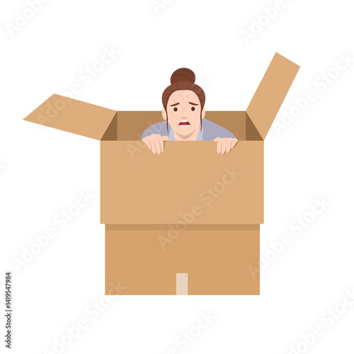 Stressed Woman Trapped in a Cardboard Box. Flat vector illustration isolated on white background
