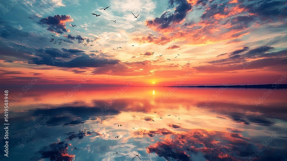 Breathtaking Sunset Over Calm Water with Dramatic Clouds and Flying Birds in the Sky