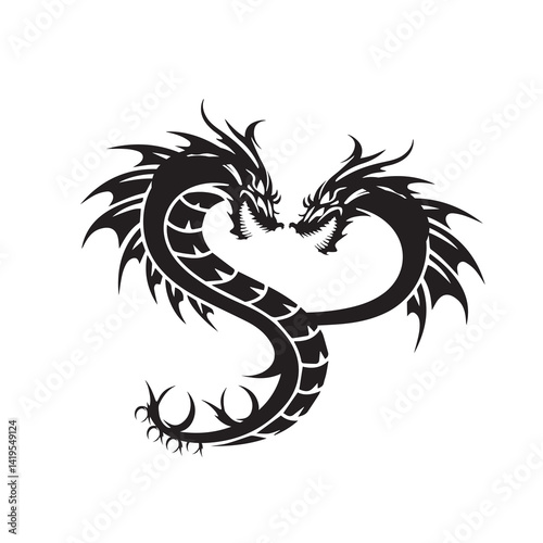 Wallpaper Mural Heart-Shaped Tribal Dragon Tattoo – Black and White Fantasy Silhouette with Symmetrical Design

 Torontodigital.ca