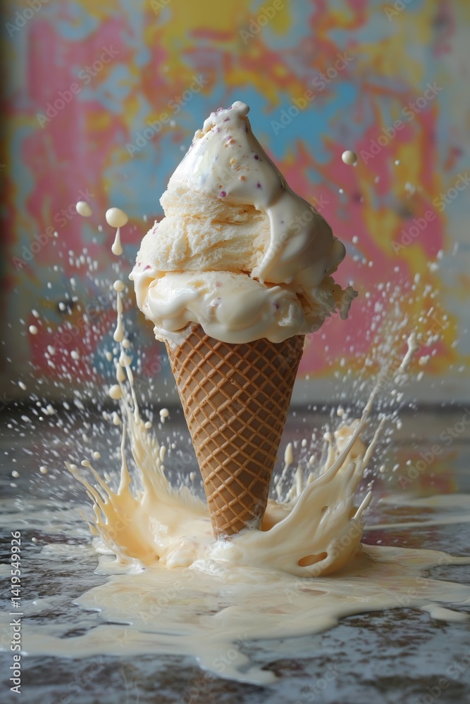Vanilla Ice Cream Cone Splashing on Colorful Background