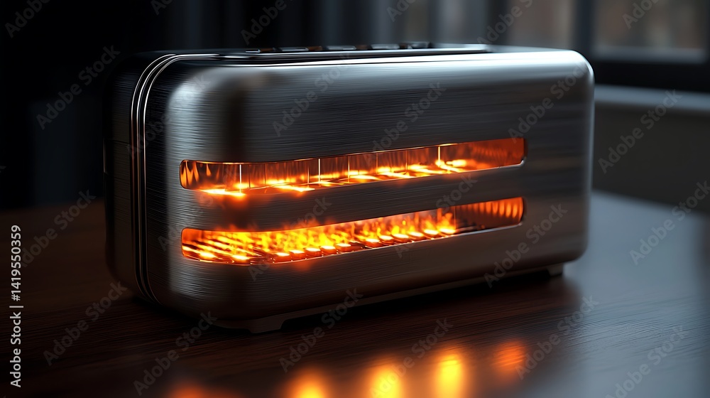 Modern Silver Toaster with Illuminated Heating Elements on Wooden Kitchen Countertop
