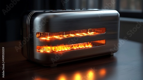 Obraz na płótnie Modern Silver Toaster with Illuminated Heating Elements on Wooden Kitchen Countertop w salonie