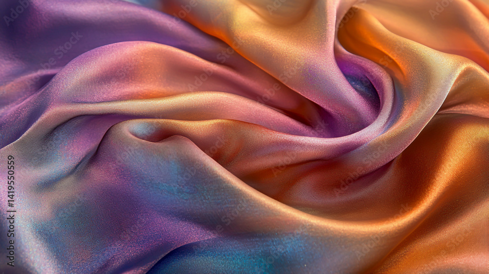 Obraz premium A hyper-detailed silk fabric reflecting iridescent colors under different lighting conditions due to advanced spectral pigment technology