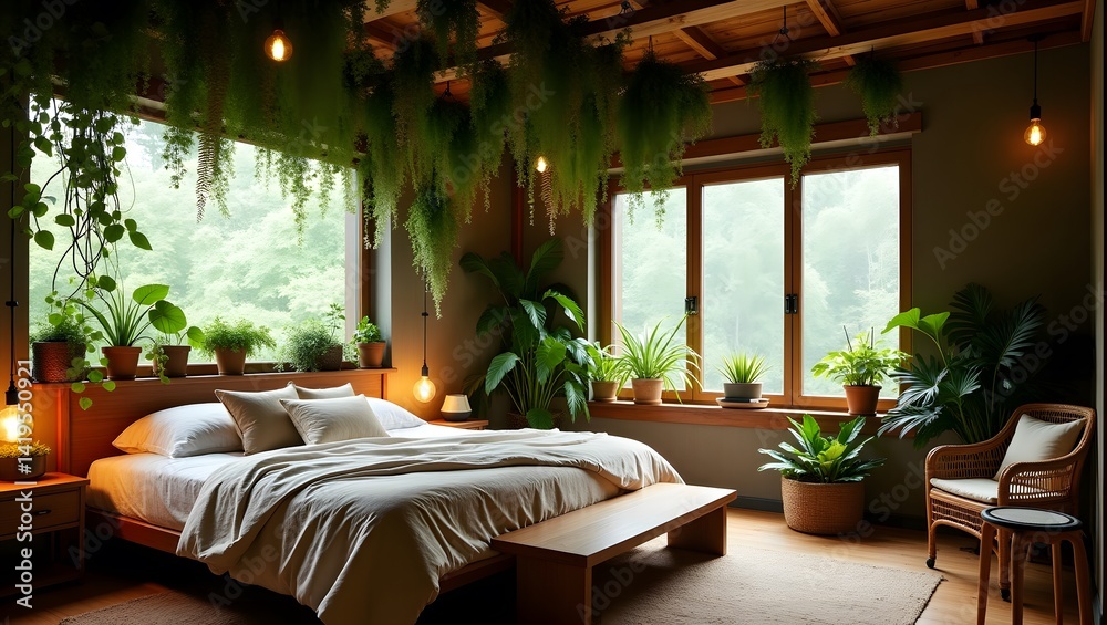 Earthy jungle-inspired bedroom with hanging plants and wood textures.