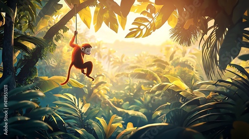 Obraz na płótnie Playful monkey swinging through vibrant jungle foliage at sunrise, capturing nature's beauty w salonie