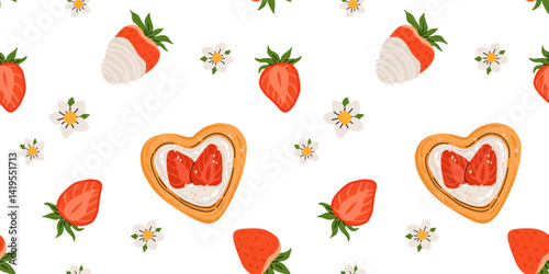 Seamless pattern of fresh pastry and cute red strawberry covered in chocolate. Fresh pastries and berries for menu, cafe, bakery, packaging. Coquette vector background of sweet food and berry.