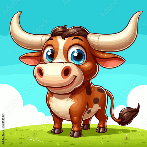 Cute cartoon illustration of a friendly Texas Longhorn calf with big eyes and a cheerful expression