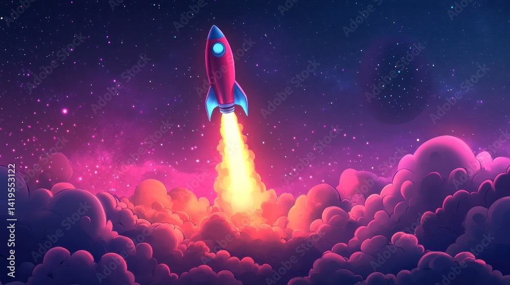 3D cartoon rocket with red body and blue fins launching through pink and purple gradient clouds 3D cartoon rocket with red body and blue fins launching through pink and purple gradient clouds
