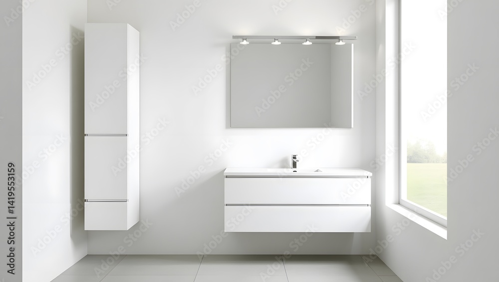 Minimalist white bathroom with clean lines and hidden storage.