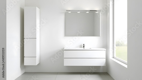 Obraz na płótnie Minimalist white bathroom with clean lines and hidden storage. w salonie