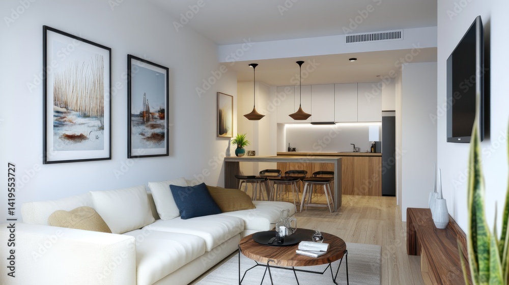 Modern open concept living space with white walls and sofa Modern open concept living space with white walls and sofa