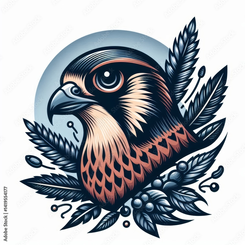 Fototapeta premium Detailed falcon bird illustration with classic tattoo styling and smooth gradients