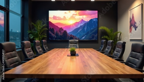 Business meeting room table setup, office furniture, conference room, corporate