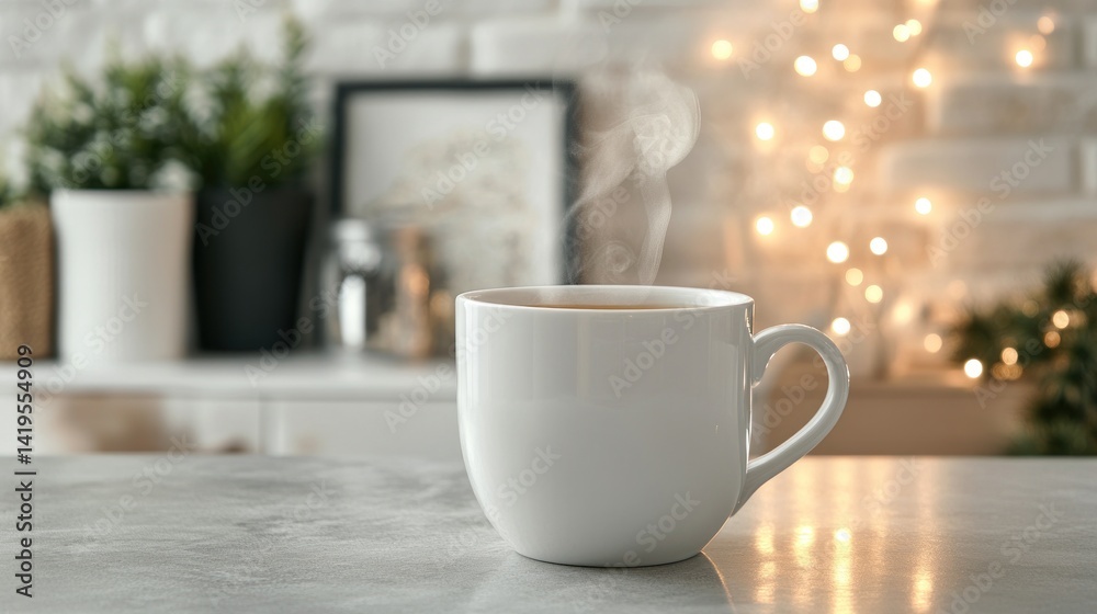 Fototapeta premium Warm Cozy Mug of Coffee, Steam Rising, Winter Lights Background