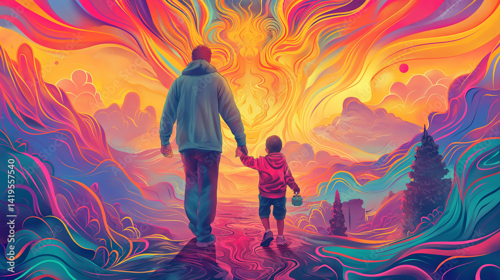 Fototapeta premium Fathers day | Father and child illustration | Happy fathers day | Vibrant Multicolored Illustration of a Father with his Child in Warmth and Love