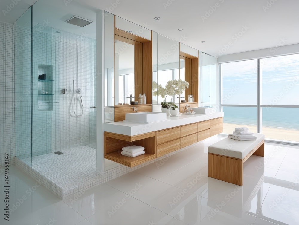 Sleek, minimalist bathroom with concrete and timber features, walk-in shower, and panoramic ocean vista - classy house spacious