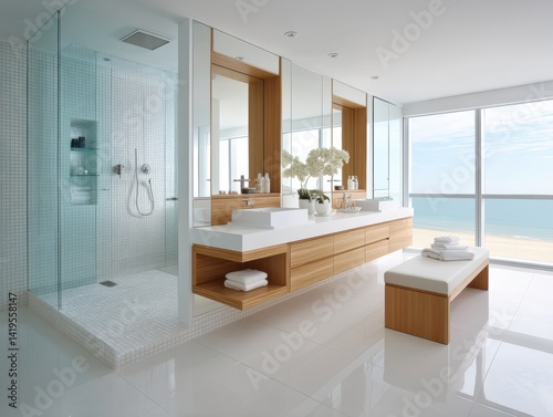Obraz na płótnie Sleek, minimalist bathroom with concrete and timber features, walk-in shower, and panoramic ocean vista - classy house spacious w salonie
