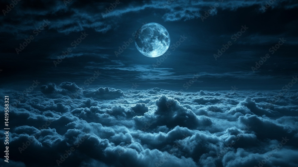Fototapeta premium Full Moon Over a Sea of Clouds at Night