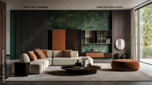 Modern living room features a neutral sofa and luxurious accents