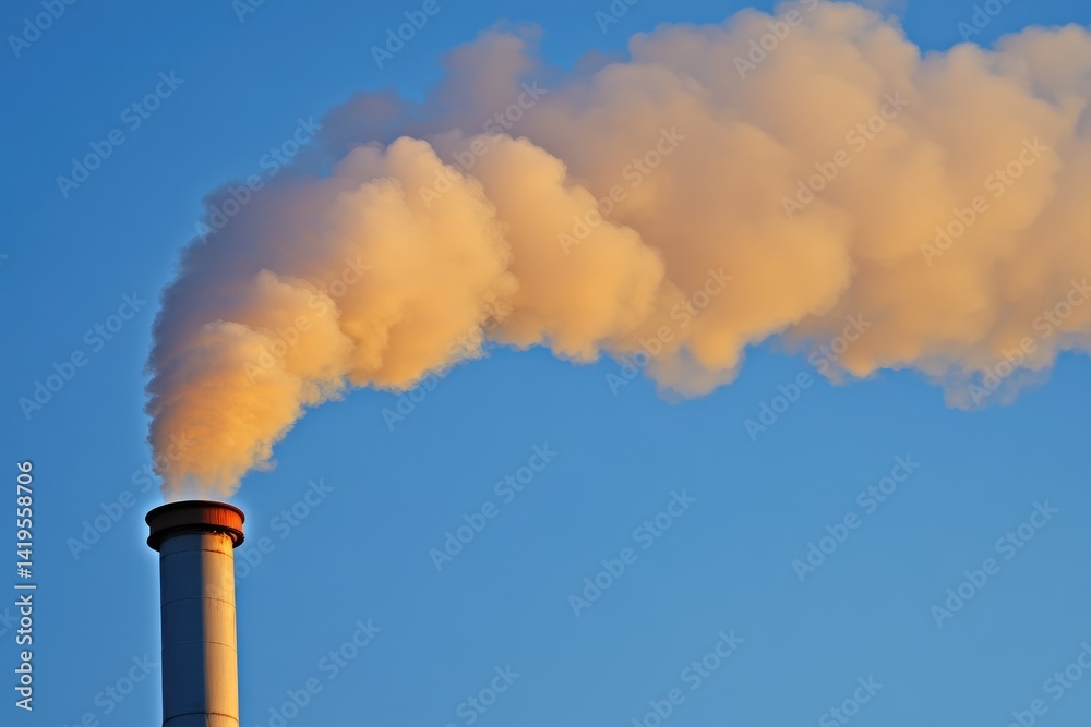 Industrial Chimney Spewing Plumes of Pollution Against a Clear Blue Sky Background Industrial Chimney Spewing Plumes of Pollution Against a Clear Blue Sky Background