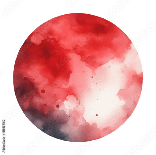 Watercolor illustration of a full moon with red and white texture on black background
