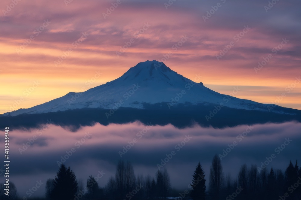 Fototapeta premium Majestic Mount Hood covered with snow and surrounded by low clouds during a colorful sunrise, seen from a valley with trees in the foreground