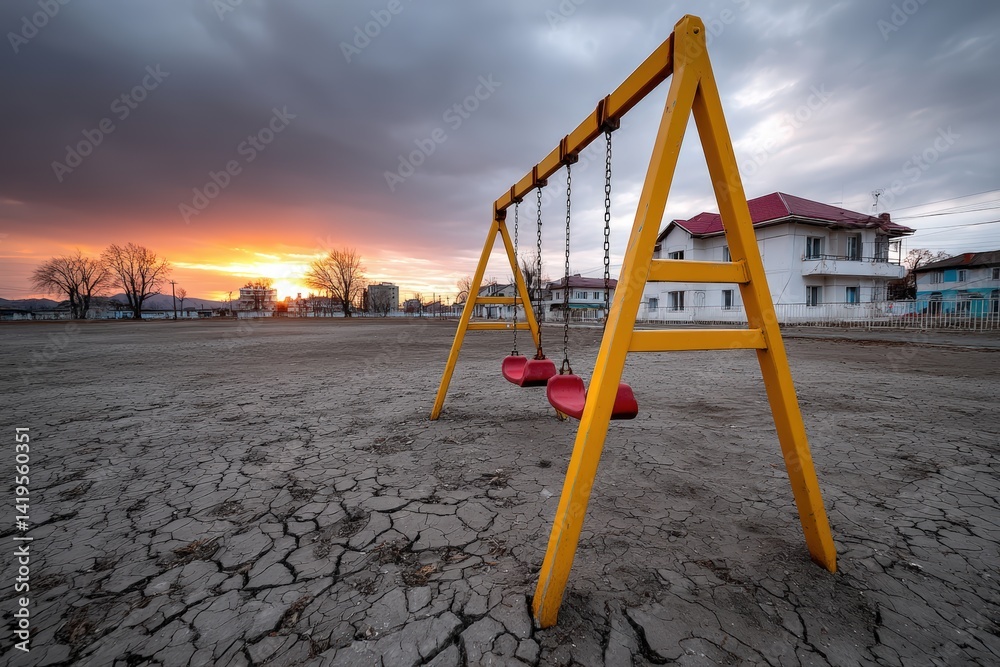 Swings in a deserted playground at sunset with a dramatic sky above Swings in a deserted playground at sunset with a dramatic sky above